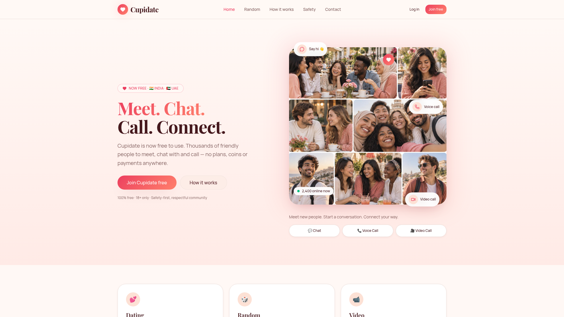 Cupidate public homepage showing its social connection experience