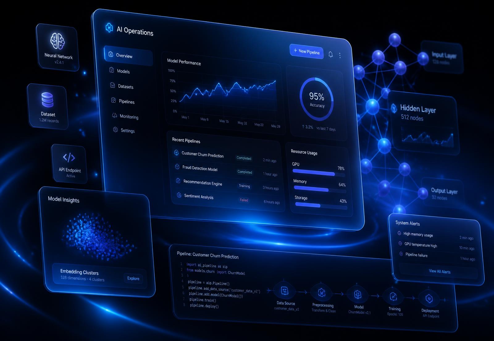 NovaStack AI operations dashboard with AI agent analytics